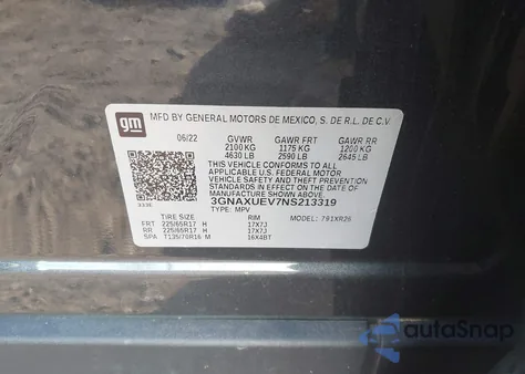 2022 Chevrolet Equinox Awd Lt из США, поврежденный, VIN 3GNAXUEV7NS213319